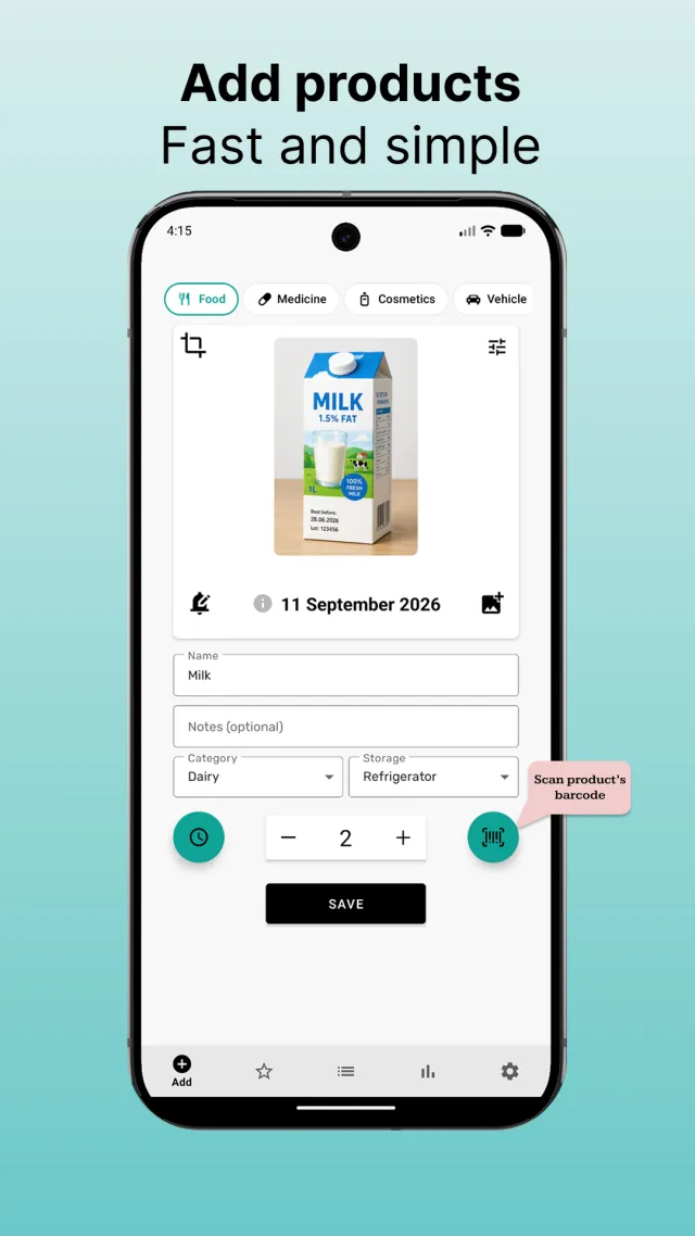 Add products screen: scan a barcode or fill in name, category, storage and expiration date