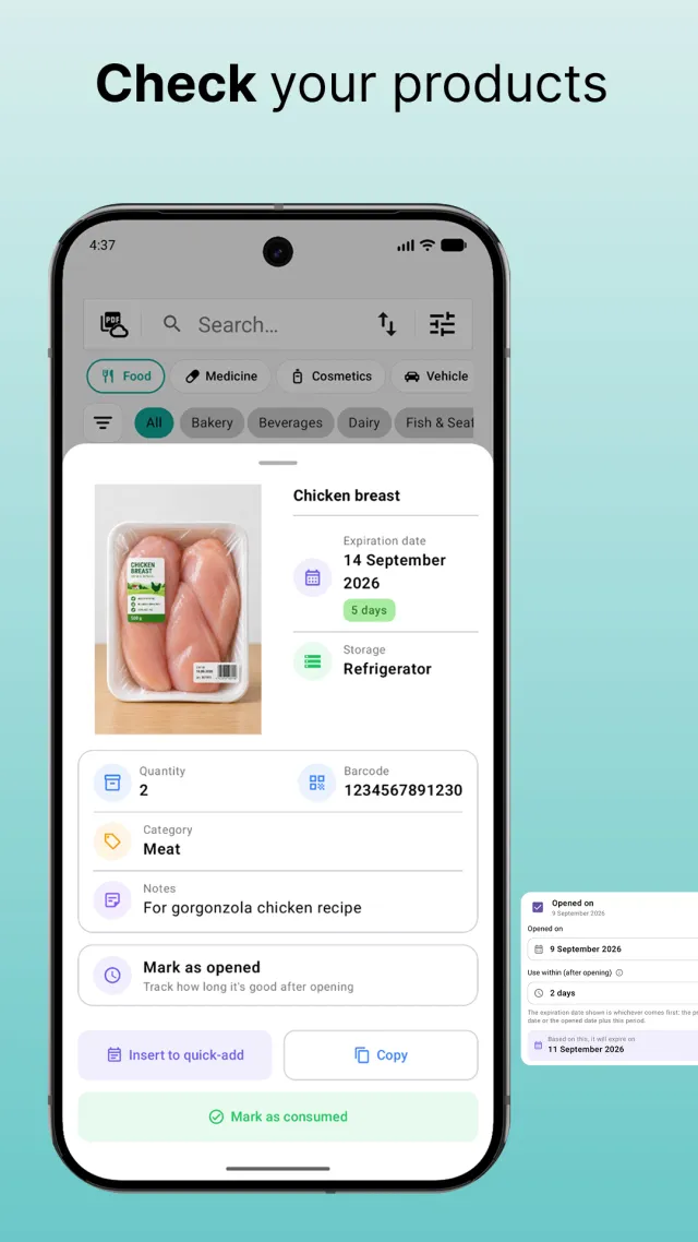 Product detail screen showing expiration date, storage, quantity, barcode and an opened-on timer