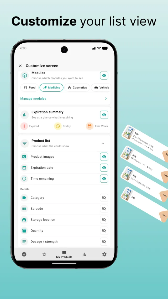 Customize screen for choosing which modules and product-card fields to show