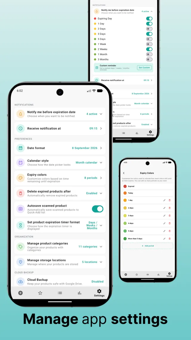 Settings screen for notifications, date format, expiry colors and categories