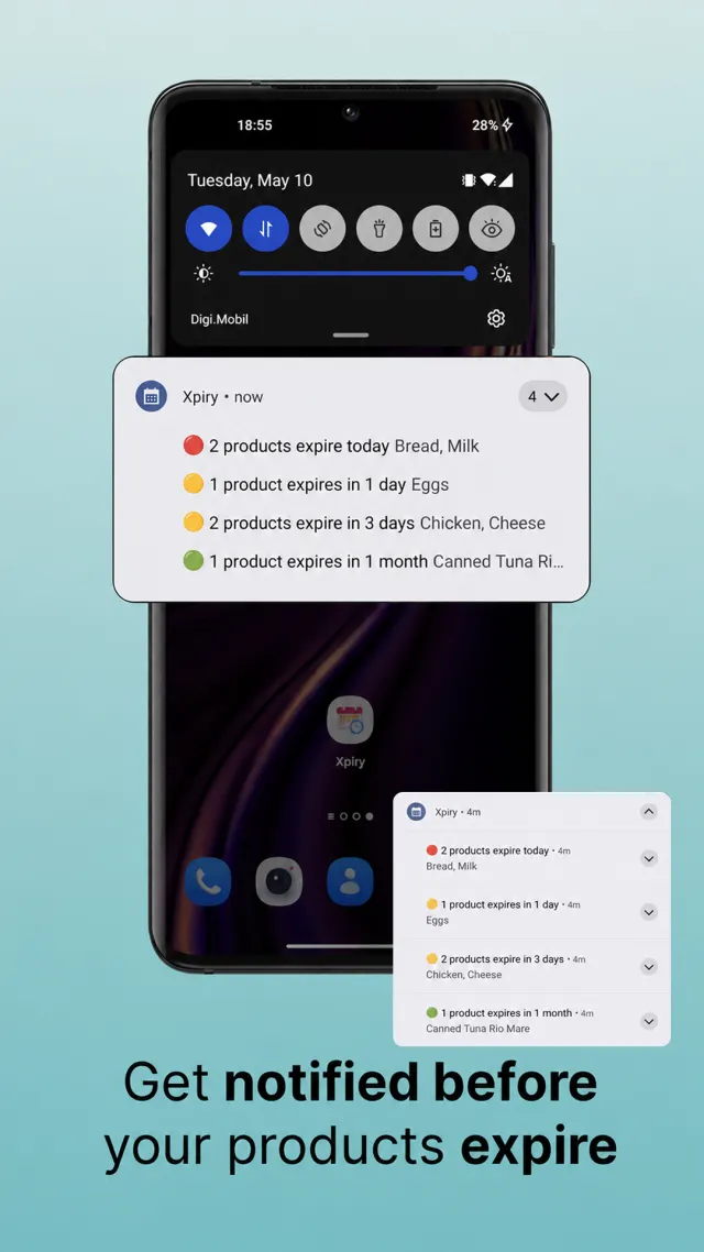 Android notification listing products that expire today, in 1 day, in 3 days and in 1 month